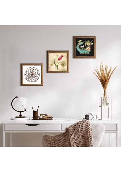 Yaşam Çiçeği, Lale Ebru Sanatı, Şahmeran Taş Duvar Tablosu Ahşap Çerçeveli Duvar Dekoru 3 Parça Tablo Seti Wall Art W3-668