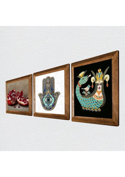 Şahmeran, Nar, Fatma Ana Eli (Hamsa) Ahşap Çerçeveli Taş Duvar Tablosu 3’lü Set – 25x25 cm Dekoratif Modern Sanat – Ev ve Ofis Dekoru |W3-702| fiyatları