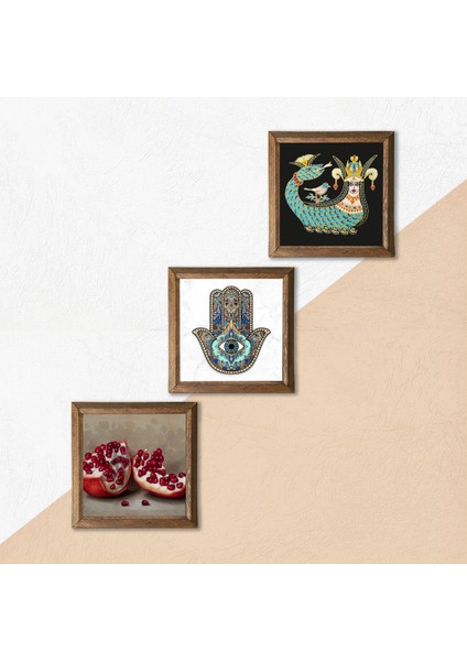 Şahmeran, Nar, Fatma Ana Eli (Hamsa) Ahşap Çerçeveli Taş Duvar Tablosu 3’lü Set – 25x25 cm Dekoratif Modern Sanat – Ev ve Ofis Dekoru |W3-702| indirimleri