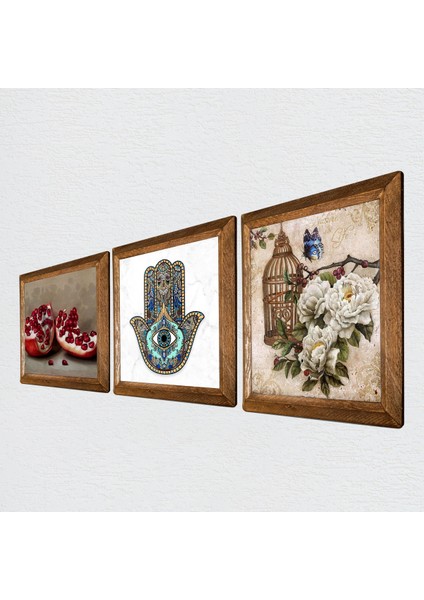 Kelebekli Çiçek, Nar, Fatma Ana Eli (Hamsa) Taş Duvar Tablosu Ahşap Çerçeveli Duvar Dekoru 3 Parça Tablo Seti Wall Art W3-704