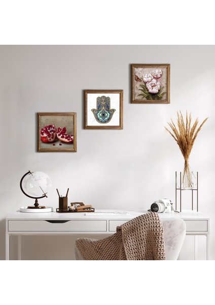 Kelebekli Çiçek, Nar, Fatma Ana Eli (Hamsa) Taş Duvar Tablosu Ahşap Çerçeveli Duvar Dekoru 3 Parça Tablo Seti Wall Art W3-706