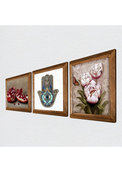 Kelebekli Çiçek, Nar, Fatma Ana Eli (Hamsa) Taş Duvar Tablosu Ahşap Çerçeveli Duvar Dekoru 3 Parça Tablo Seti Wall Art W3-706 fiyatları