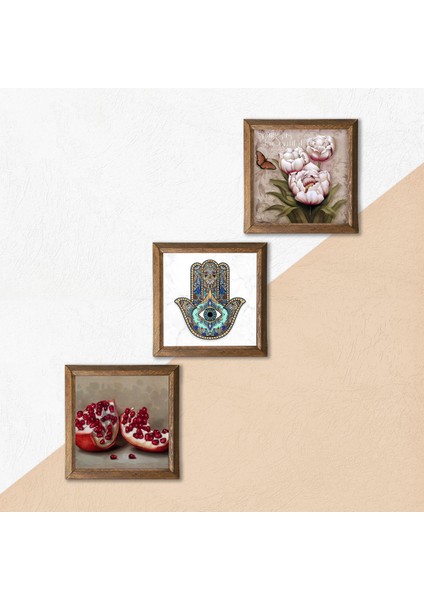 Kelebekli Çiçek, Nar, Fatma Ana Eli (Hamsa) Taş Duvar Tablosu Ahşap Çerçeveli Duvar Dekoru 3 Parça Tablo Seti Wall Art W3-706 indirimleri