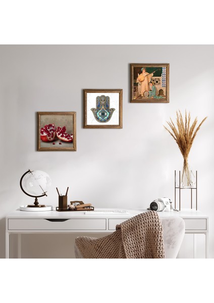 İki Müzisyen Kız Tablosu, Nar, Fatma Ana Eli (Hamsa) Taş Duvar Tablosu Ahşap Çerçeveli Duvar Dekoru 3 Parça Tablo Seti Wall Art W3-708