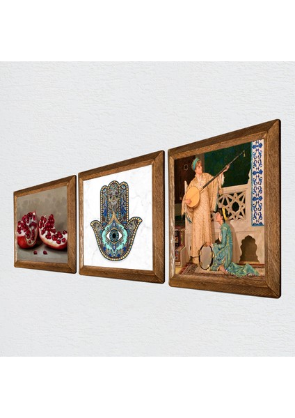 İki Müzisyen Kız Tablosu, Nar, Fatma Ana Eli (Hamsa) Taş Duvar Tablosu Ahşap Çerçeveli Duvar Dekoru 3 Parça Tablo Seti Wall Art W3-708