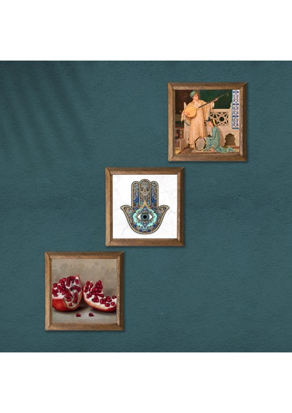 İki Müzisyen Kız Tablosu, Nar, Fatma Ana Eli (Hamsa) Taş Duvar Tablosu Ahşap Çerçeveli Duvar Dekoru 3 Parça Tablo Seti Wall Art W3-708