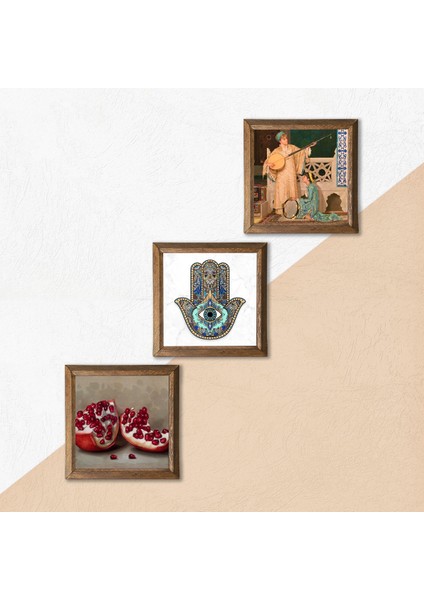 İki Müzisyen Kız Tablosu, Nar, Fatma Ana Eli (Hamsa) Taş Duvar Tablosu Ahşap Çerçeveli Duvar Dekoru 3 Parça Tablo Seti Wall Art W3-708