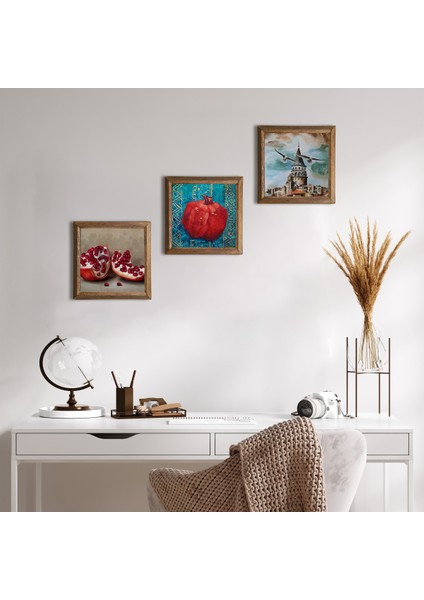 İstanbul Galata Kulesi, Nar Taş Duvar Tablosu Ahşap Çerçeveli Duvar Dekoru 3 Parça Tablo Seti Wall Art W3-800