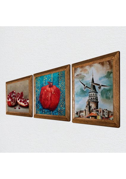 İstanbul Galata Kulesi, Nar Taş Duvar Tablosu Ahşap Çerçeveli Duvar Dekoru 3 Parça Tablo Seti Wall Art W3-800