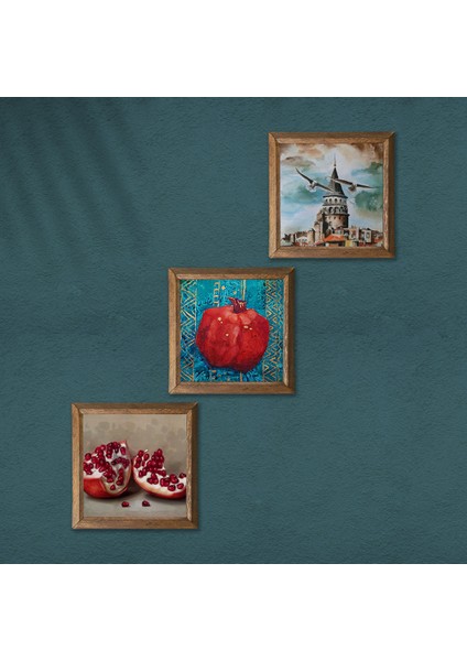 İstanbul Galata Kulesi, Nar Taş Duvar Tablosu Ahşap Çerçeveli Duvar Dekoru 3 Parça Tablo Seti Wall Art W3-800