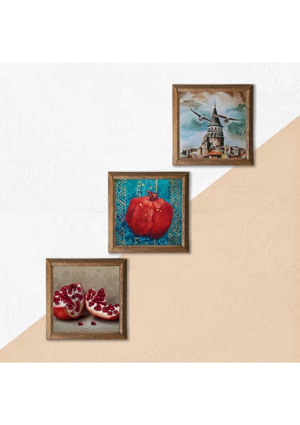 İstanbul Galata Kulesi, Nar Taş Duvar Tablosu Ahşap Çerçeveli Duvar Dekoru 3 Parça Tablo Seti Wall Art W3-800