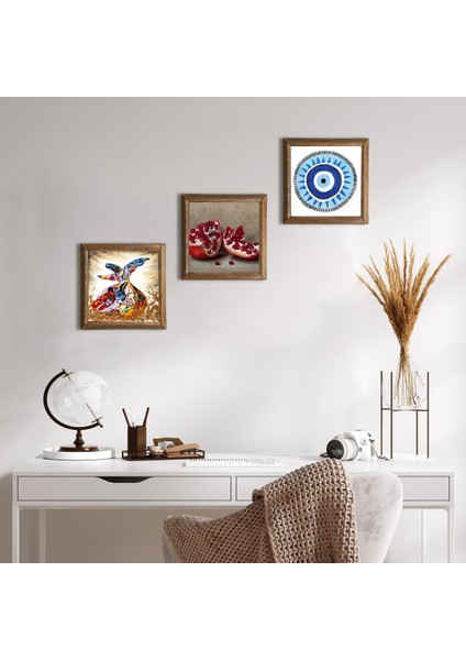 Nazar, Semazen, Nar Taş Duvar Tablosu Ahşap Çerçeveli Duvar Dekoru 3 Parça Tablo Seti Wall Art W3-894