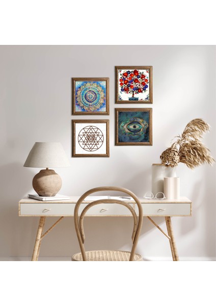 Mandala, Nazar, Sri Yantra, Nar Ağacı Ahşap Çerçeveli Taş Duvar Tablosu 4’lü Set – 25x25 cm Dekoratif Modern Sanat – Ev ve Ofis Dekoru |W4-1007|