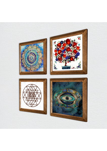 Mandala, Nazar, Sri Yantra, Nar Ağacı Ahşap Çerçeveli Taş Duvar Tablosu 4’lü Set – 25x25 cm Dekoratif Modern Sanat – Ev ve Ofis Dekoru |W4-1007| fiyatları