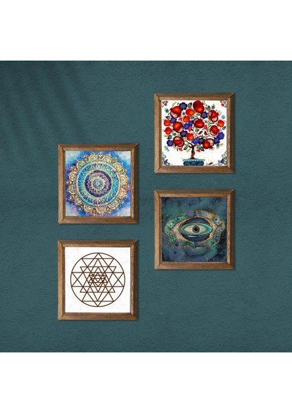Mandala, Nazar, Sri Yantra, Nar Ağacı Ahşap Çerçeveli Taş Duvar Tablosu 4’lü Set – 25x25 cm Dekoratif Modern Sanat – Ev ve Ofis Dekoru |W4-1007| modelleri