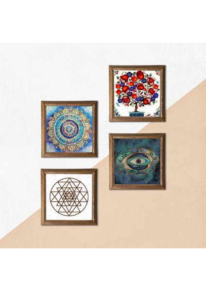 Mandala, Nazar, Sri Yantra, Nar Ağacı Ahşap Çerçeveli Taş Duvar Tablosu 4’lü Set – 25x25 cm Dekoratif Modern Sanat – Ev ve Ofis Dekoru |W4-1007| indirimleri