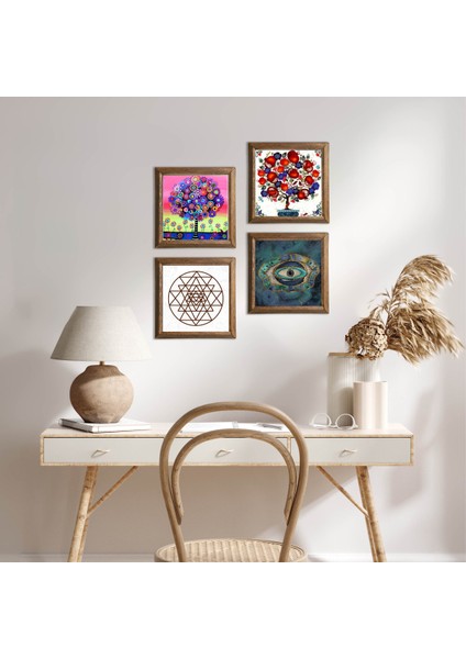 Nazar, Sri Yantra, Hayat Ağacı, Nar Ağacı Taş Duvar Tablosu Ahşap Çerçeveli Duvar Dekoru 4 Parça Tablo Seti Wall Art W4-1008