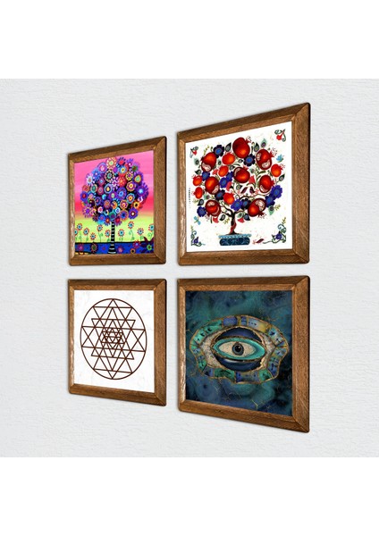 Nazar, Sri Yantra, Hayat Ağacı, Nar Ağacı Taş Duvar Tablosu Ahşap Çerçeveli Duvar Dekoru 4 Parça Tablo Seti Wall Art W4-1008 fiyatları
