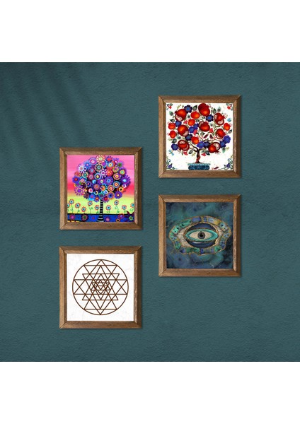 Nazar, Sri Yantra, Hayat Ağacı, Nar Ağacı Taş Duvar Tablosu Ahşap Çerçeveli Duvar Dekoru 4 Parça Tablo Seti Wall Art W4-1008 modelleri