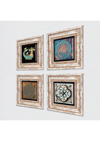Yaşam Çiçeği, Çini Sanatı, Şahmeran Taş Duvar Tablosu Çerçeveli Duvar Dekoru 4 Parça Tablo Seti Wall Art T4-450