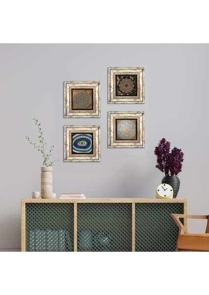 Yaşam Çiçeği, Nazar, Sri Yantra Taş Duvar Tablosu Çerçeveli Duvar Dekoru 4 Parça Tablo Seti Wall Art T4-572