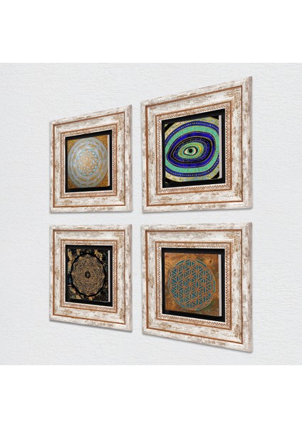 Yaşam Çiçeği, Nazar, Sri Yantra Taş Duvar Tablosu Çerçeveli Duvar Dekoru 4 Parça Tablo Seti Wall Art T4-572 fiyatları