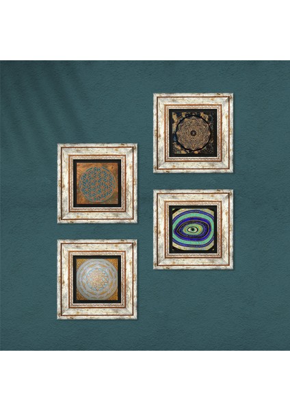 Yaşam Çiçeği, Nazar, Sri Yantra Taş Duvar Tablosu Çerçeveli Duvar Dekoru 4 Parça Tablo Seti Wall Art T4-572 fırsatları