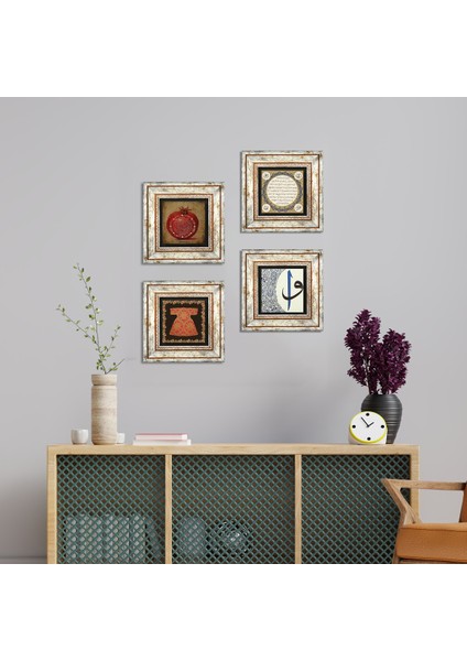 Hırka-i Şerif, Hilye-i Şerif, Bereket Duası, Elif-Vav Taş Duvar Tablosu Çerçeveli Duvar Dekoru 4 Parça Tablo Seti Wall Art T4-579