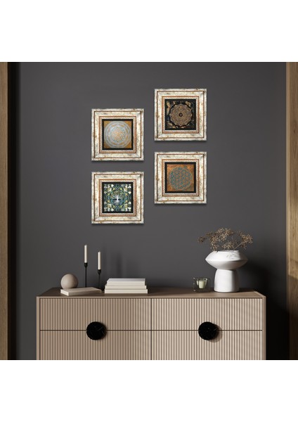 Yaşam Çiçeği, Hayat Ağacı, Sri Yantra Taş Duvar Tablosu Çerçeveli Duvar Dekoru 4 Parça Tablo Seti Wall Art T4-584