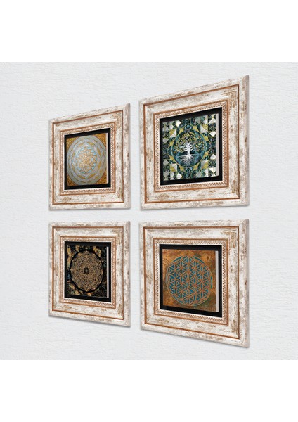Yaşam Çiçeği, Hayat Ağacı, Sri Yantra Taş Duvar Tablosu Çerçeveli Duvar Dekoru 4 Parça Tablo Seti Wall Art T4-584 fiyatları
