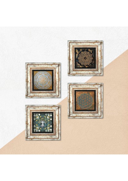 Yaşam Çiçeği, Hayat Ağacı, Sri Yantra Taş Duvar Tablosu Çerçeveli Duvar Dekoru 4 Parça Tablo Seti Wall Art T4-584 indirimleri