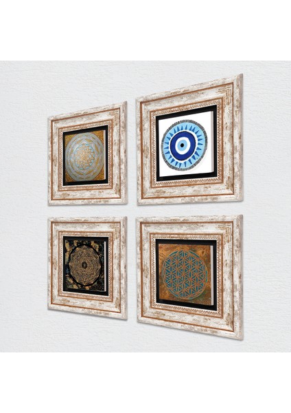 Yaşam Çiçeği, Nazar, Sri Yantra Çerçeveli Taş Duvar Tablosu 4’lü Set - Dekoratif Modern Sanat, Ev ve Ofis Dekoru |TK4-589| fiyatları