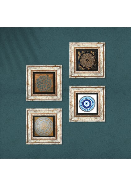 Yaşam Çiçeği, Nazar, Sri Yantra Çerçeveli Taş Duvar Tablosu 4’lü Set - Dekoratif Modern Sanat, Ev ve Ofis Dekoru |TK4-589| fırsatları