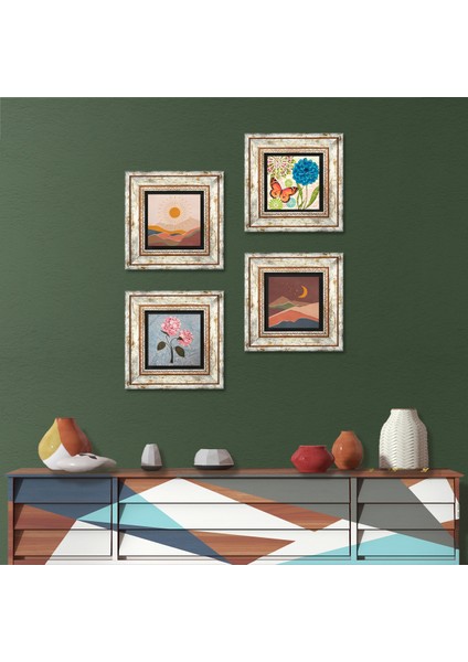 Bohem, Kelebek, Pembe Ortanca Çiçeği Çerçeveli Taş Duvar Tablosu 4’lü Set - Dekoratif Modern Sanat, Ev ve Ofis Dekoru |TK4-1890|