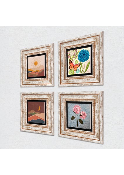 Bohem, Kelebek, Pembe Ortanca Çiçeği Çerçeveli Taş Duvar Tablosu 4’lü Set - Dekoratif Modern Sanat, Ev ve Ofis Dekoru |TK4-1890| fiyatları