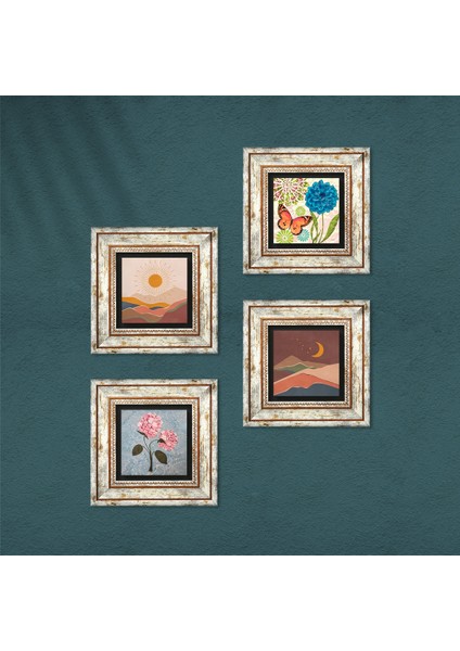 Bohem, Kelebek, Pembe Ortanca Çiçeği Çerçeveli Taş Duvar Tablosu 4’lü Set - Dekoratif Modern Sanat, Ev ve Ofis Dekoru |TK4-1890| fırsatları
