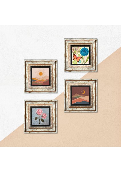 Bohem, Kelebek, Pembe Ortanca Çiçeği Çerçeveli Taş Duvar Tablosu 4’lü Set - Dekoratif Modern Sanat, Ev ve Ofis Dekoru |TK4-1890| indirimleri
