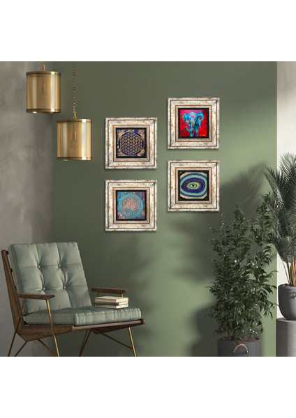 Fil, Nazar, Yaşam Çiçeği Çerçeveli Taş Duvar Tablosu 4’lü Set - Dekoratif Modern Sanat, Ev ve Ofis Dekoru |TK4-149|