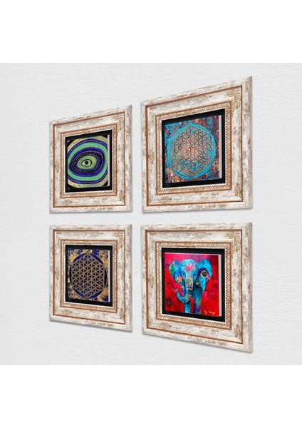 Fil, Nazar, Yaşam Çiçeği Çerçeveli Taş Duvar Tablosu 4’lü Set - Dekoratif Modern Sanat, Ev ve Ofis Dekoru |TK4-149| fiyatları