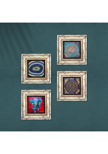 Fil, Nazar, Yaşam Çiçeği Çerçeveli Taş Duvar Tablosu 4’lü Set - Dekoratif Modern Sanat, Ev ve Ofis Dekoru |TK4-149| fırsatları