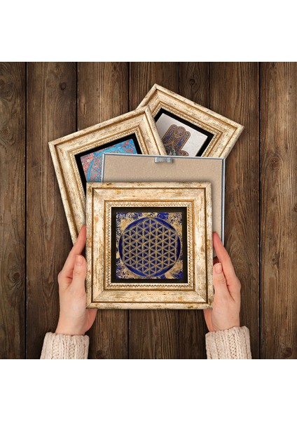 Fil, Nazar, Yaşam Çiçeği Çerçeveli Taş Duvar Tablosu 4’lü Set - Dekoratif Modern Sanat, Ev ve Ofis Dekoru |TK4-149| modelleri