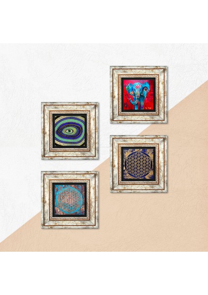 Fil, Nazar, Yaşam Çiçeği Çerçeveli Taş Duvar Tablosu 4’lü Set - Dekoratif Modern Sanat, Ev ve Ofis Dekoru |TK4-149| indirimleri