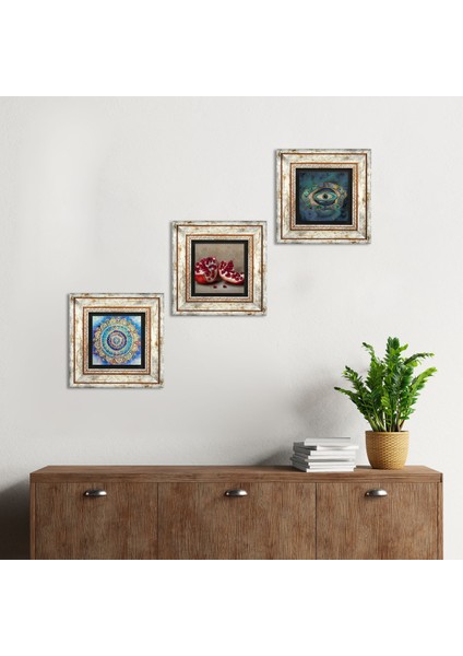 Mandala, Nazar, Nar Taş Duvar Tablosu Çerçeveli Duvar Dekoru 3 Parça Tablo Seti Wall Art T3-1681