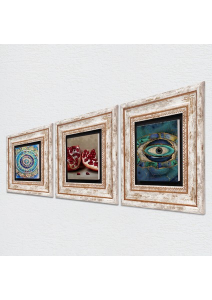 Mandala, Nazar, Nar Taş Duvar Tablosu Çerçeveli Duvar Dekoru 3 Parça Tablo Seti Wall Art T3-1681 fiyatları
