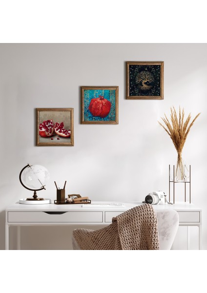 Hayat Ağacı, Nar Ahşap Çerçeveli Taş Duvar Tablosu 3’lü Set – 25x25 cm Dekoratif Modern Sanat – Ev ve Ofis Dekoru |W3-815|