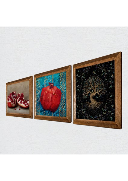 Hayat Ağacı, Nar Ahşap Çerçeveli Taş Duvar Tablosu 3’lü Set – 25x25 cm Dekoratif Modern Sanat – Ev ve Ofis Dekoru |W3-815| fiyatları