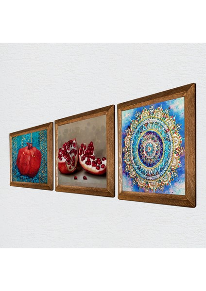 Mandala, Nar Taş Duvar Tablosu Ahşap Çerçeveli Duvar Dekoru 3 Parça Tablo Seti Wall Art W3-833