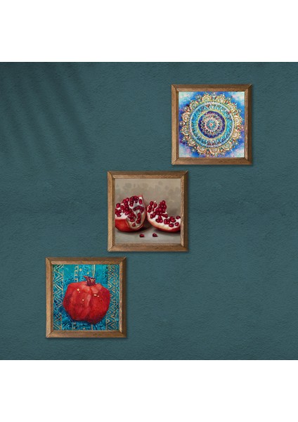 Mandala, Nar Taş Duvar Tablosu Ahşap Çerçeveli Duvar Dekoru 3 Parça Tablo Seti Wall Art W3-833