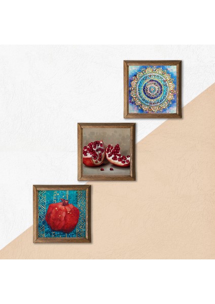 Mandala, Nar Taş Duvar Tablosu Ahşap Çerçeveli Duvar Dekoru 3 Parça Tablo Seti Wall Art W3-833
