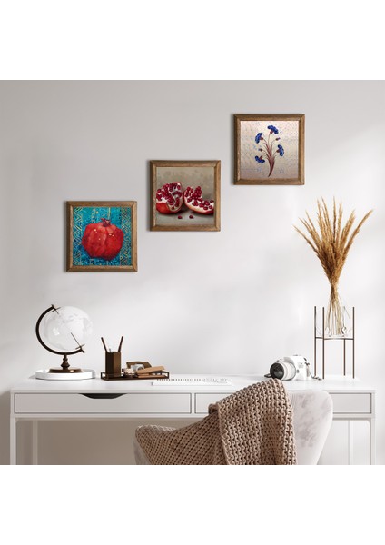 Ebru Sanatı, Nar Taş Duvar Tablosu Ahşap Çerçeveli Duvar Dekoru 3 Parça Tablo Seti Wall Art W3-837